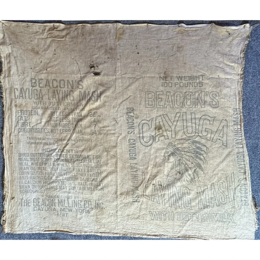 Vintage Cayuga Chicken Feed Bag‎ Beacon Milling Co Laying Mash Indian Chief Head